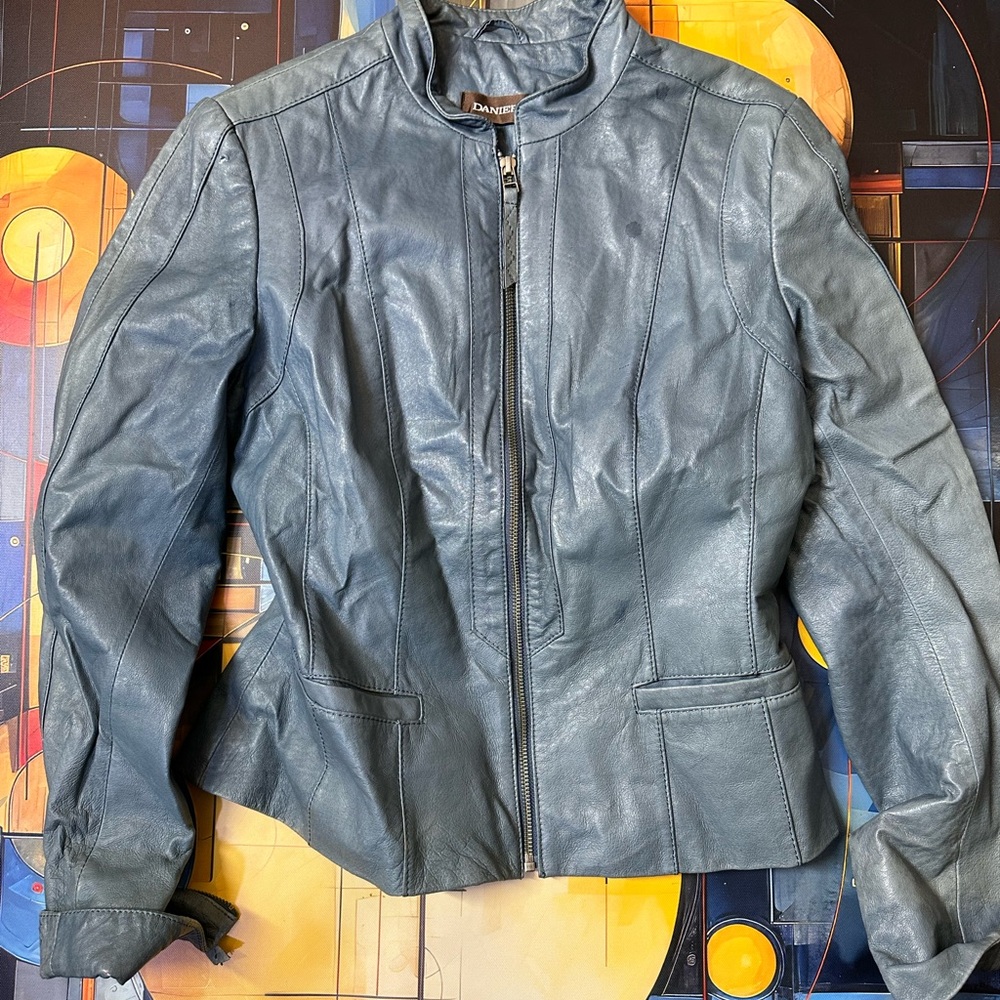Vintage DANIER Blue Genuine Leather Moto Racer Jacket Women's S/P US 4 UK 12